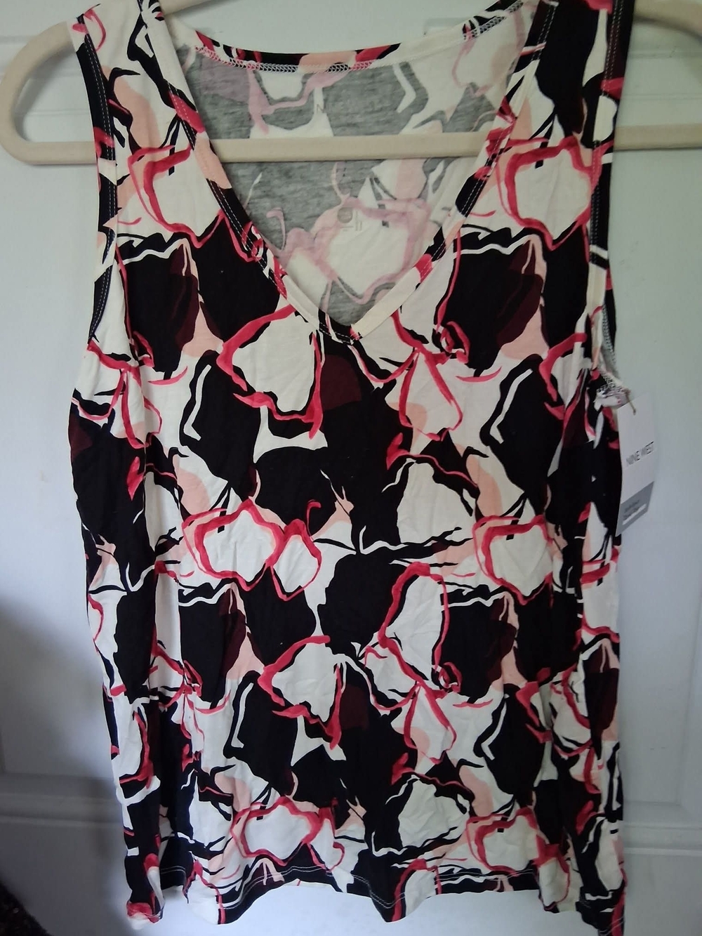 Nine West Black Floral-Print V-Neck Tank with Pink Accents